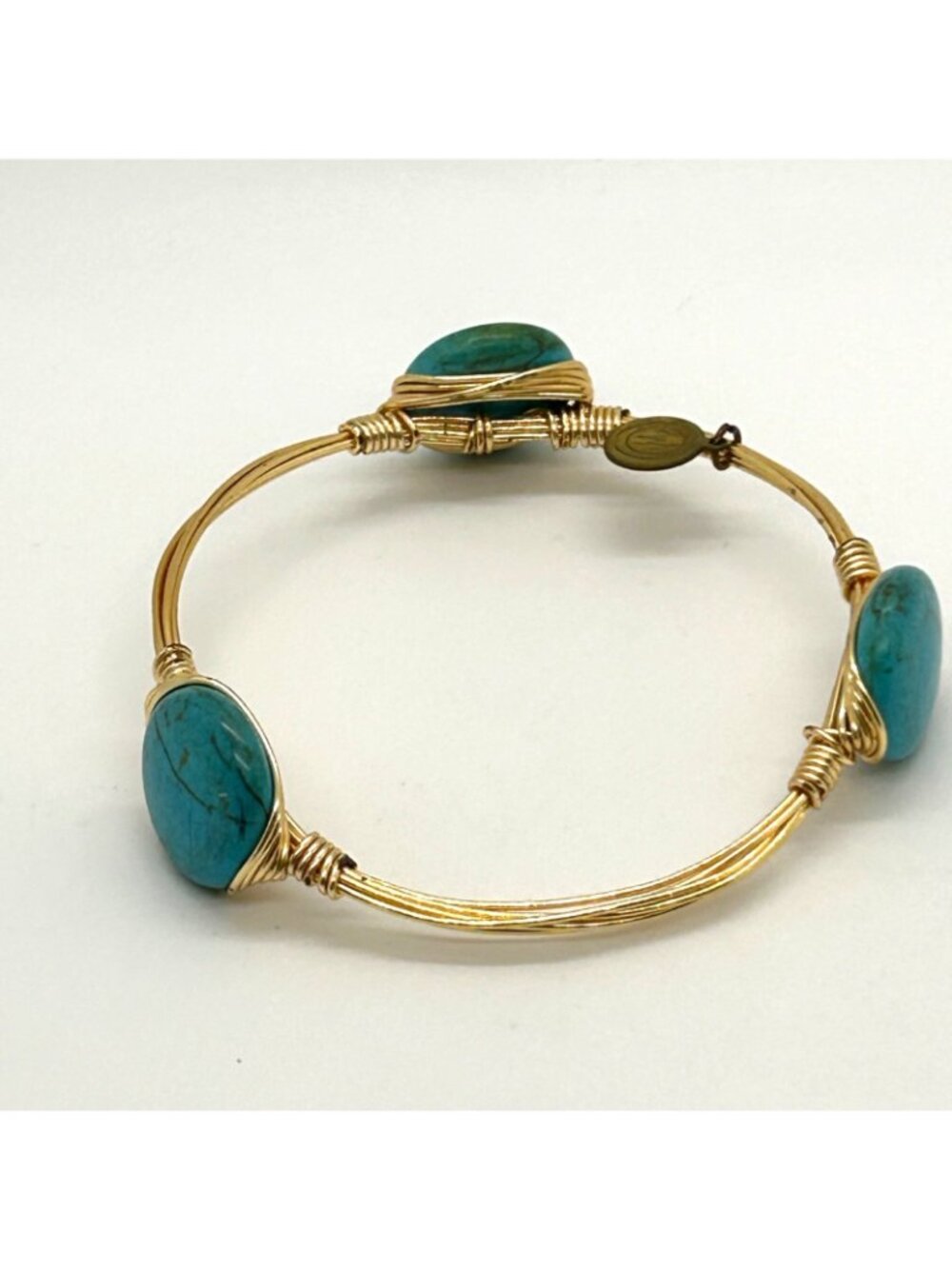 Bohemian Faux Turquoise Gold Tone Wire Wrap Bangle Bracelet Stackable Handmade - Picture 3 of 11
